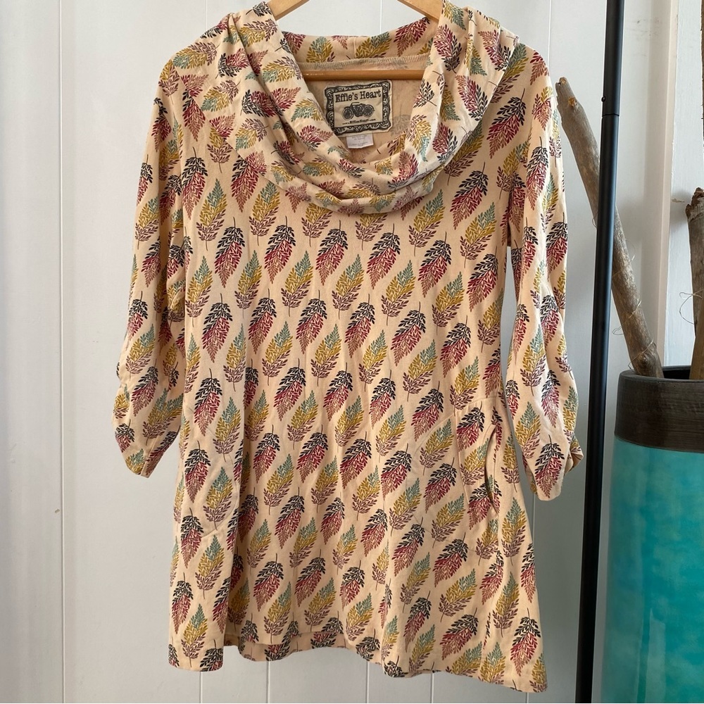 Effie’s Heart Cowl Neck Pima Cotton Tunic Pockets Leaf Pattern Long Shirt Retro